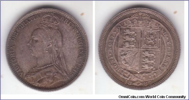 KM-759, Great Britain 1887 6 pence, withdrawn type removed from circulation due to similarity with the half sovereign; looks like R in BRITT is recut but I can't get good enough 1,200 dpi scan to prove; high grade despite dark toning, strong extra fine or slightly better