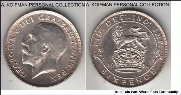 KM-815, 1914 Great Britain 6 pence; silver, reeded edge; bright about uncirculated.