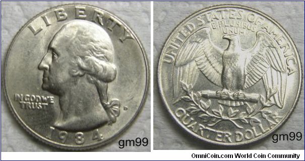 Wahsington Quarter, 25 Cents, 1984D,Mintmark: D (for Denver, CO) on the obverse just right of the ribbon