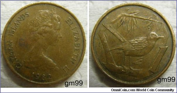 1 Cent (Bronze) Obverse:Crowned head of Queen Elizabeth II right,
CAYMAN ISLANDS ELIZABETH II date 
Reverse:Great Caiman Thrush standing right on branch,
1