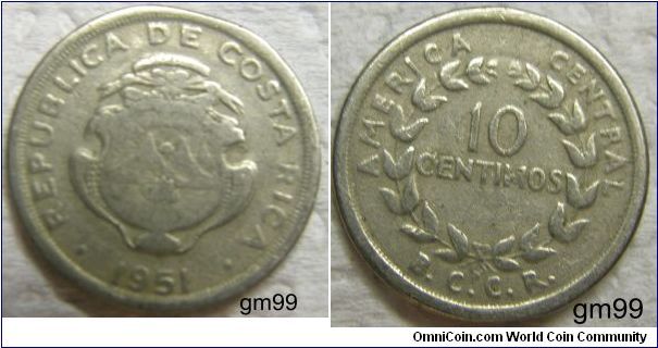 Costa Rica km185.2b 10 Centimos (1951-1979)