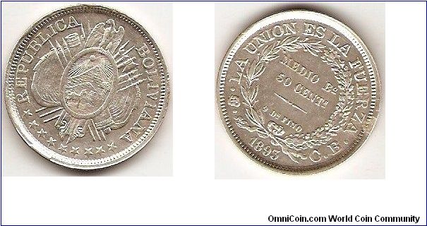 50 centavos
Half boliviano
Unity is strength
0.900 silver