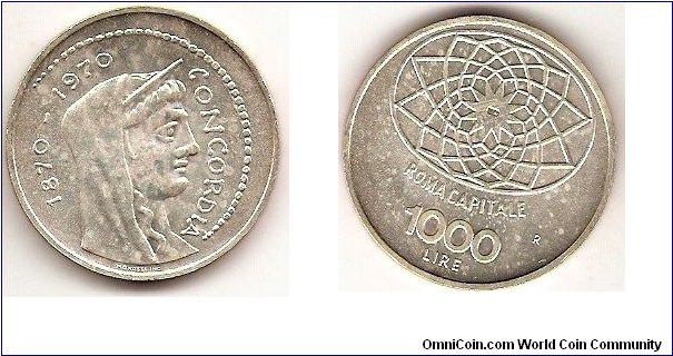 1000 lire
centenary of Rome as capital of Italy 1870-1970