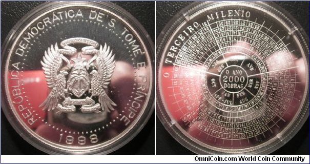 St.Thomas 2000 dobra silver proof millennium coin. Features a year 2000 calender on reverse
