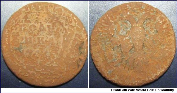 Russia 1746 polushka. Off center. Sadly corroded.