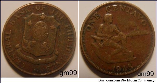 Obverse; Shield,
CENTRAL BANK OF THE PHILIPPINES
Reverse; Man seated right, volcano in background on right,
ONE CENTAVO, date