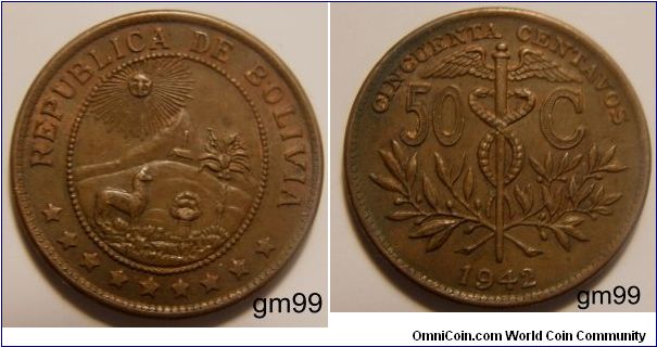 Bolivia km182a.1 50 Centavos (1942)