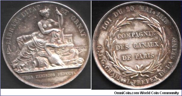 Silver jeton de presence issued for the `Compagnie des canaux de Paris'. That is, the compasny in charge of the operation and maintenance of the canal system  in Paris. Obverse design by Gayrard.