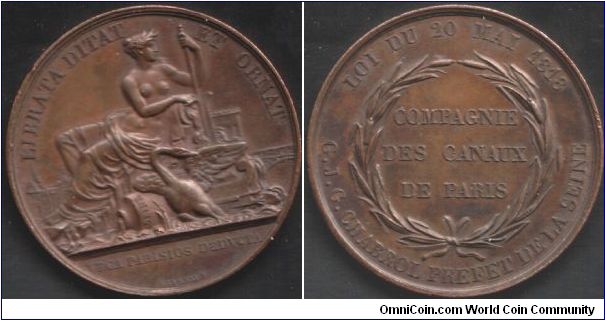 Bronze jeton de presence issued for the `Compagnie des Canaux de Paris'. Nice high grade example of a scarcer jeton.