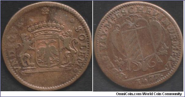Scarcer copper jeton issued for B DeGivry, Sherrif of Metz in 1677.