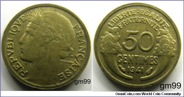 50 Centimes (Aluminum-Bronze) : 1931-1947
Obverse; Liberty facing left,
REPUBLIQVE FRANCAISE
Reverse; Legend within two cornucopiae,
LIBERTE EGALITE FRATERNITE 50 CENTIMES date