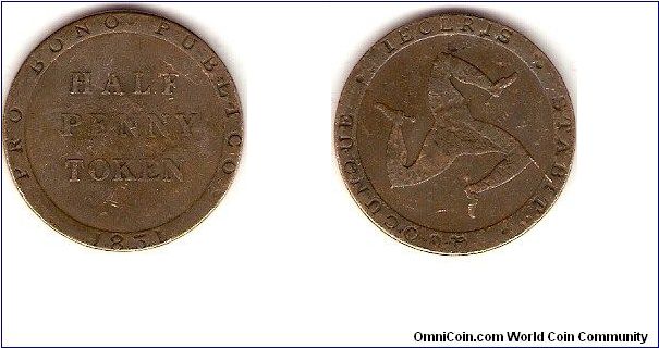 half penny token
issued by William Callister, designed by Thomas Halliday.
Obv: HALF PENNY TOKEN, PRO BONO PUBLICO (for public benefit)
Rev. Triune (or triskelion) QUOCUNQUE IECERIS STABIT (the motto of the Isle of Man, meaning: wherever it's thrown, it stands)