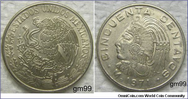 50 Centavos (Copper-Nickel) : 
Obverse: Eagle standing left on cactus, snake in beak, ESTADOS UNIDOS MEXICANOS
Reverse: Figure in Aztec headdress left CINCUENTA CENTAVOS Mo date