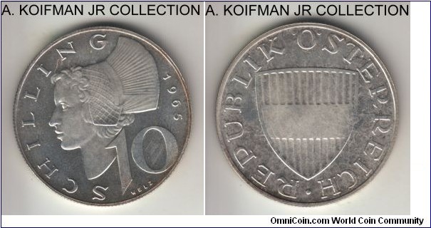 KM-2882, 1965 Austria 10 schilling; proof, silver, reeded edge; Wachau woman in a hat, proof variety included in 2 types of sets minted that year, lightly toned uncirculated.
