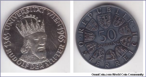 KM-2898, 1965 Austria 50 shilling proof commemorating 600 years of establishing Vienna university; lettered edge with denomination spelled out.