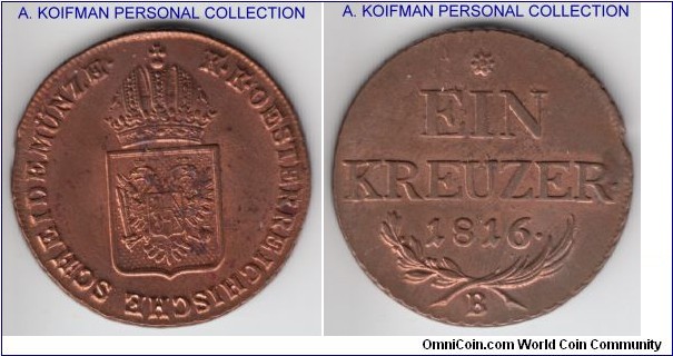 KM-2113, Austria 1816 B (Kremnitz mint) kreuzer; copper, corded edge; bright red with few brown spots, uncirculated or almost.