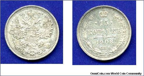 15 kopeeks.
Nicolaus II (1894-1917).
SPB.
E.B.


Ag500f. 2,7gr.