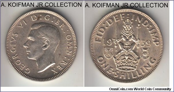 KM-854, 1939 Great Britain shilling; silver, reeded edge; George VI, Scottish crest, bright lustrous uncirculated or almost, tiny obverse edge knock.