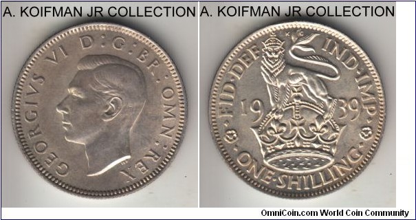 KM-853, 1939 Great Britain shilling; silver, reeded edge; George VI, English crest, lightly toned average uncirculated.
