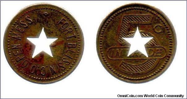 US Fort Bliss 5 cent mess token with star shaped hole.
