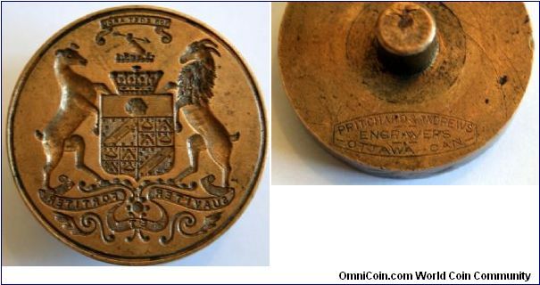 Die for the Coat-of-Arms of Earl Minto. Governor-General of Canada 1898 to 1904. The die is 47mm X 9mm and 146 grams. Made by Pritchard & Andrews, Ottawa.  Circa 1900