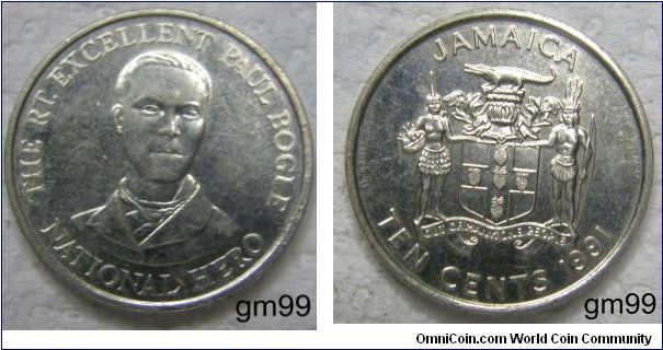 Jamaica km146.1 10 Cents-Bogle. Paul Bogle (1822 - 1865) was a Baptist Deacon and a Jamaican rebel. He was a leader of the 1865 Morant Bay Rebellion, and was captured in October 24 and executed by the United Kingdom (Jamaica was a British colony at that time). He was later named a National Hero of Jamaica with the title Rt. Excellent Paul Bogle. He is depicted on the heads side of the Jamaican 10-Cents coin.