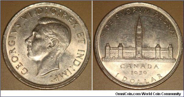 Canada, 1 dollar, 1939 Silver dollar commemorates the visit of King George VI and Queen Elizabeth to Ottawa