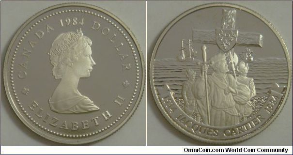 Canada, 1 dollar, 1984 Commemorates the 450th yea of Jacques Cartier's landing at Gaspe, Quebec, Nickel dollar