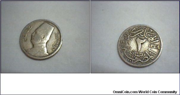 Egypt 2 millimes, 1929, picture of King Fu'ad I.