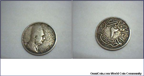 Egypt,2 millimes, 1924, , picture of King Fu'ad I.