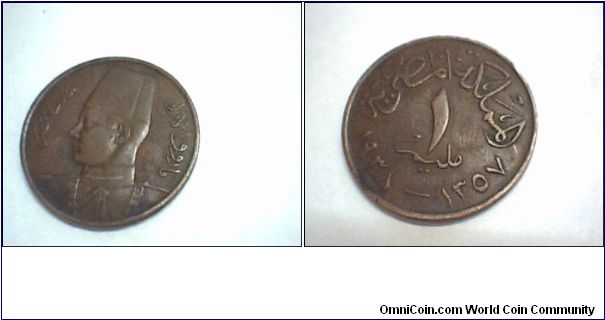 Egypt, 1 milliemes 1938
King Farouk I.