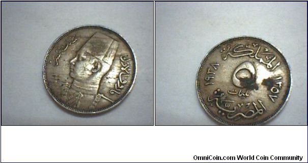 Egypt, 5 milliemes 1938
King Farouk I.