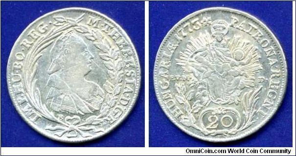 20 kreuzer.
Maria Theresia (1740-1780) queen of Hungary & Bohemia.
(B) Kremnitz mint.


Ag583f. 6,68gr.