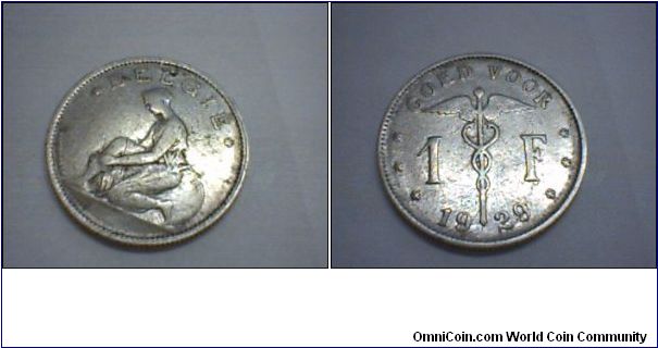 1 Franc (Nickel)1929,Woman kneeling left, sword at left waist, hands on ankle
O BELGIQUE
R Caduceus with value on either side
R BON POUR 1 F date