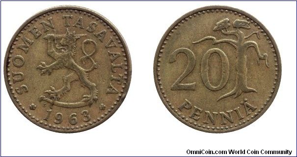 Finland, 20 pennia, 1963, Al-Bronze, Tree.                                                                                                                                                                                                                                                                                                                                                                                                                                                                          