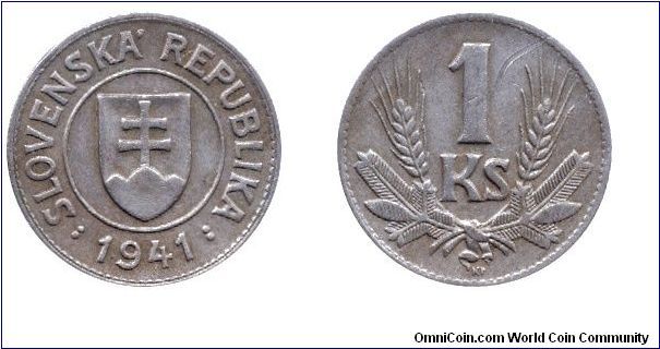 Slovak Republic, 1 korun, 1941, Cu-Ni.                                                                                                                                                                                                                                                                                                                                                                                                                                                                              