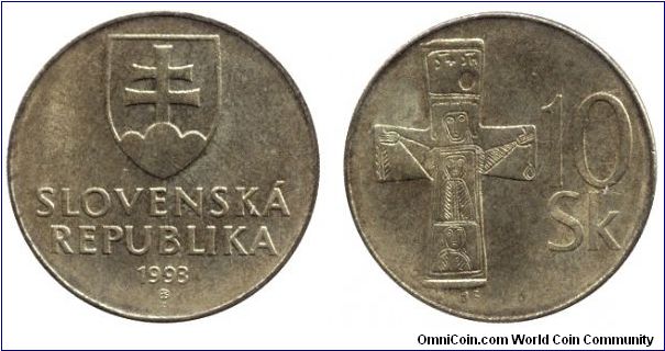 Slovak Republic, 10 koruns, 1993, Cu-Al-Ni, Cross from the Era of Great Moravia.                                                                                                                                                                                                                                                                                                                                                                                                                                    