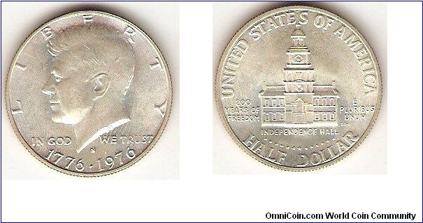 half dollar
silver
Bicentennial commemorative 1776-1976
Independence Hall
John F. Kennedy