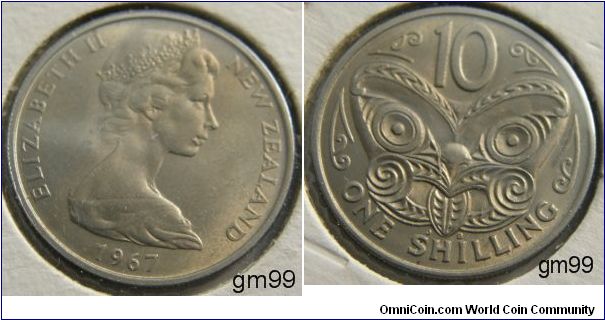 10 Cents (One Shilling) (Copper-Nickel) : 1967-1969
Obverse: Crowned head of Queen Elizabeth II right,
 ELIZABETH II NEW ZEALAND date
Reverse: Maori mask facing,
 10 ONE SHILLING