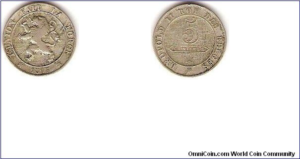 5 centimes
French version
Leopold II Roi des Belges (Leopold II king of the Belgians)
L'Union fait la Force (Unity is strength)
