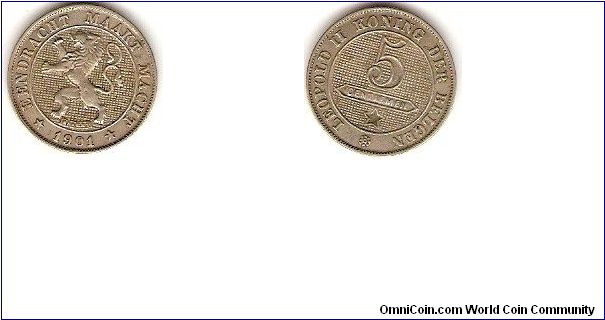 5 centimes
Flemish version
Leopold II koning der Belgen (Leopold II king of the Belgians)
Different lion with legends Eendracht maakt Macht (Unity is strength)