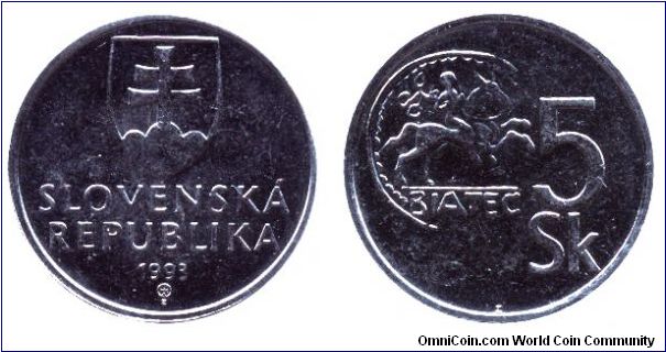 Slovak Republic, 5 koruns, 1993, Ni-Fe, Motive of Biatec, celtic coin found in Bratislava.                                                                                                                                                                                                                                                                                                                                                                                                                          