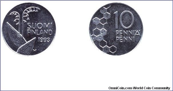 Finland, 10 pennia, 1993, Cu-Ni, Flower pods and stems.                                                                                                                                                                                                                                                                                                                                                                                                                                                             