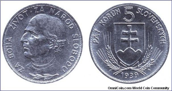 Slovak Republic, 5 koruns, 1939, Ni, Bust of Slovak politician and catholic priest Andrej Hlinka.                                                                                                                                                                                                                                                                                                                                                                                                                   