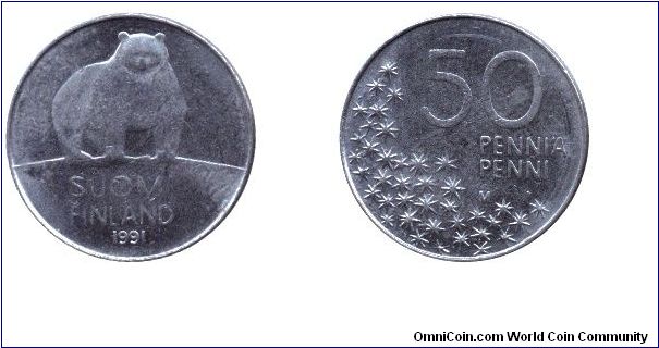 Finland, 50 pennia, 1991, Cu-Ni, Polar Bear.                                                                                                                                                                                                                                                                                                                                                                                                                                                                        