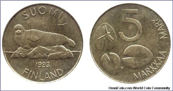 Finland, 5 markkaa, 1993, Cu-Ni-Al, Water lilies  & a dragonfly, Lake Saimaa Ringed Seal.                                                                                                                                                                                                                                                                                                                                                                                                                           