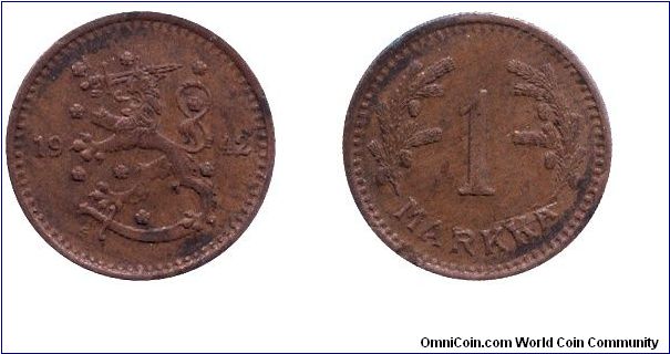 Finland, 1 markka, 1942, Cu.                                                                                                                                                                                                                                                                                                                                                                                                                                                                                        