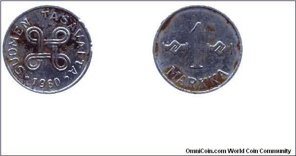 Finland, 1 markka, 1950, Ni-Fe.                                                                                                                                                                                                                                                                                                                                                                                                                                                                                     