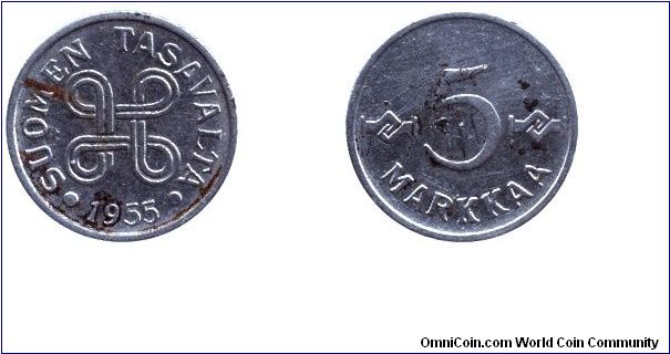 Finland, 5 markkaa, 1955, Ni-Fe, Soumen Tasavalta - Republic of Finland.                                                                                                                                                                                                                                                                                                                                                                                                                                            