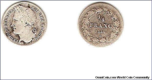 1/4 franc
Leopold Premier, Roi des Belges (Leopold I, king of the Belgians)
laureate head